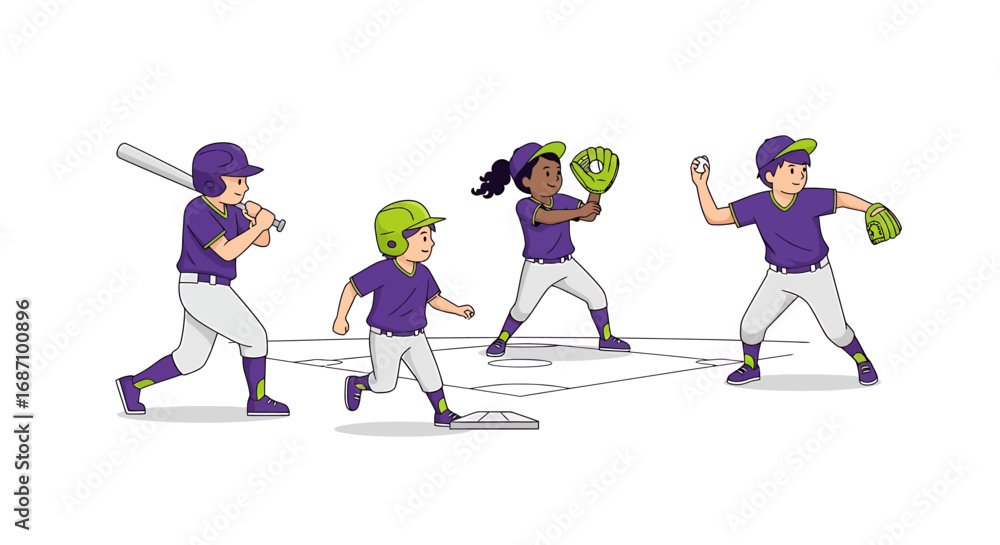 Fototapeta premium Cartoon illustration showcasing youth baseball team in dynamic action poses