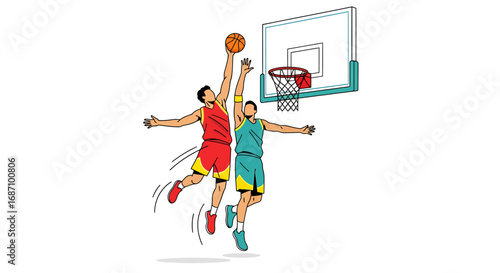 Dynamic illustration of basketball players battling for possession near the hoop