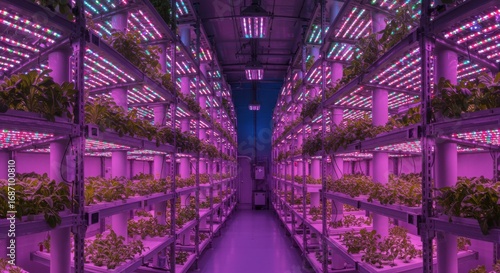 Hydroponic vertical farm with growing plants and purple LED lights