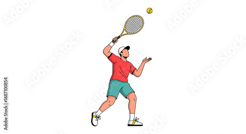 Dynamic tennis player about to strike the ball in an energetic cartoon style