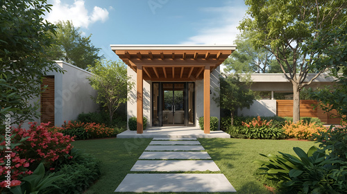 Luxurious modern house entrance with wooden pergola and landscaped garden in ultra realistic design