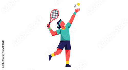 Dynamic tennis player illustration showcasing a forceful serve motion readiness