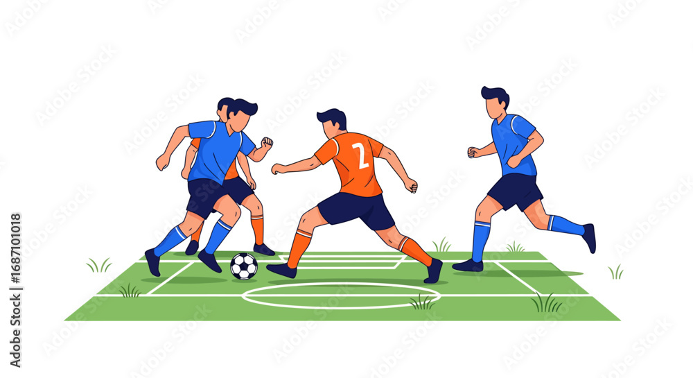 Fototapeta premium Vibrant depiction of soccer players in active competition with ball on green