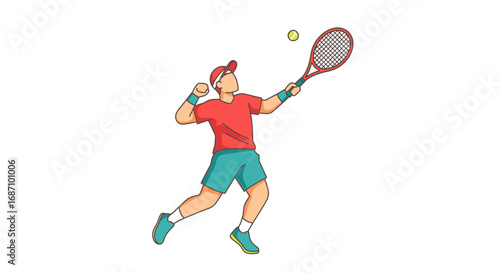 Illustration of a male tennis player hitting a forehand on a white background