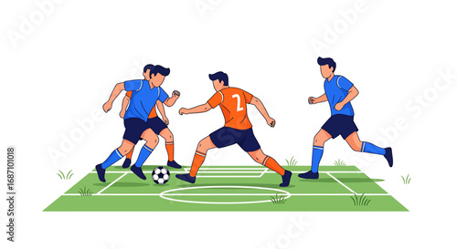 Vibrant depiction of soccer players in active competition with ball on green