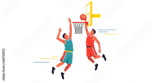 Dynamic basketball match portrayal, intense game play between the athletes