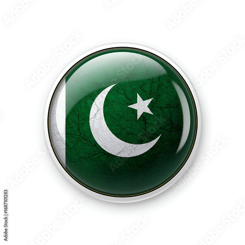 Glossy 3d circular button icon of Pakistan flag with crescent and star isolated on white background