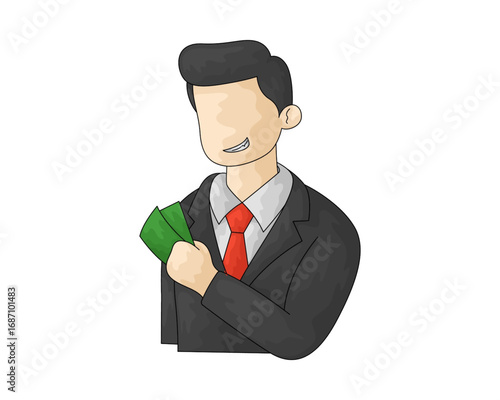 Faceless businessman in a suit discreetly tucking cash into his pocket, a concept for corruption, bribery, or wealth