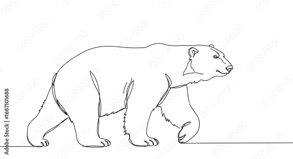 Fototapeta premium One line sketch of a polar bear walking, minimal abstract line art, white background