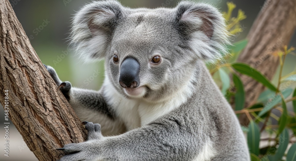 Fototapeta premium A close up of a koala clinging to a tree branch with green leaves in the blurred background outdoors