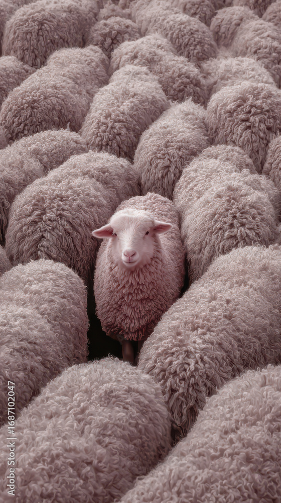 Fototapeta premium Lone Sheep Amidst the Flock: A solitary sheep stands out in a dense crowd of fellow sheep, highlighting themes of individuality, independence, and a different perspective.