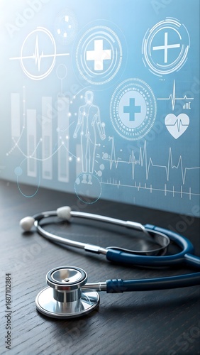 Medical stethoscope on a dark surface with futuristic healthcare interface. A soft blue digital background overlays medical icons, data visualizations, and abstract patterns, hospital background