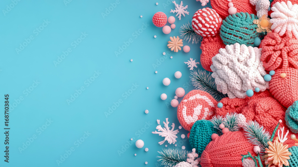Naklejka premium Cozy knitted winter and Christmas decorations in coral, white, and teal hues, artfully arranged on vibrant sky blue background with festive embellishments.