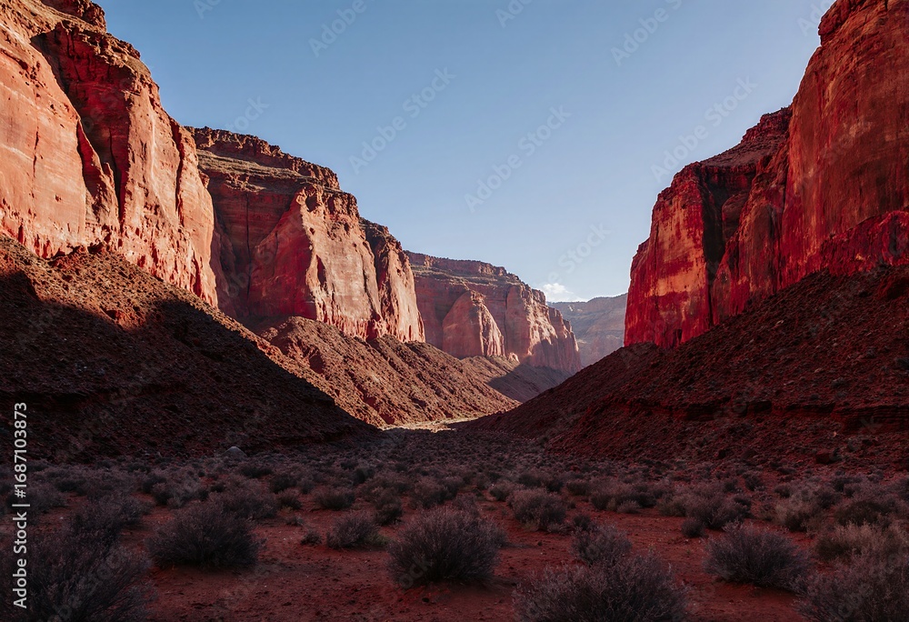 Fototapeta premium A breathtaking view of a vast canyon with towering red rock formations and sparse desert vegetation under a clear blue sky