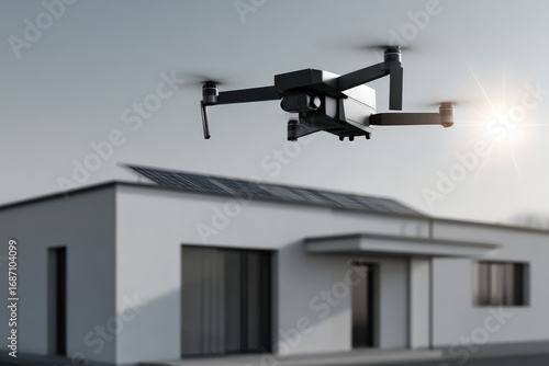 advanced drone efficiently services solar panels on modern minimalist building roof