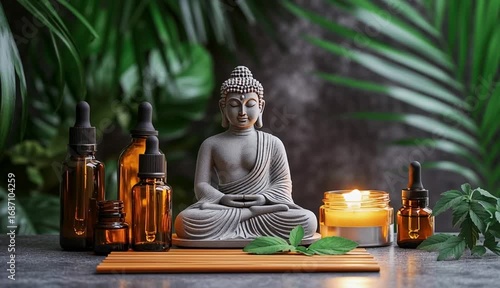 Wallpaper Mural A peaceful zen composition featuring a stone Buddha statue in a meditative pose, surrounded by amber glass bottles with dropper lids
 Torontodigital.ca