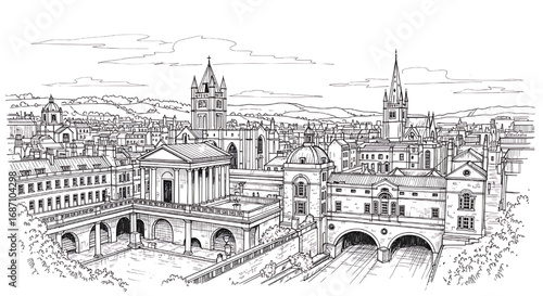 Sketch of Pulteney Bridge in Bath, England. A detailed hand-drawn black and white illustration of the iconic Georgian architectural landmark.