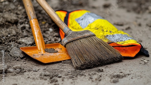 Wallpaper Mural Shovel, broom and reflective vest lying on ground with soil. Construction tools and safety equipment close up. Work and labor concept. Torontodigital.ca