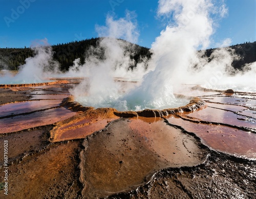 A geothermal wonderland with vibrant orange and brown terraces, steam rising from bubbling hot springs, and a backdrop of green hills under a clear blue sky