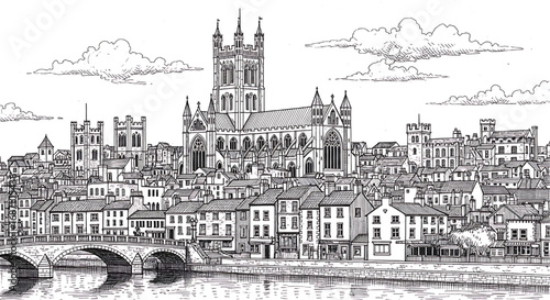 Detailed hand-drawn sketch of York Minster in York, England. A black and white vector illustration of the magnificent Gothic cathedral facade.