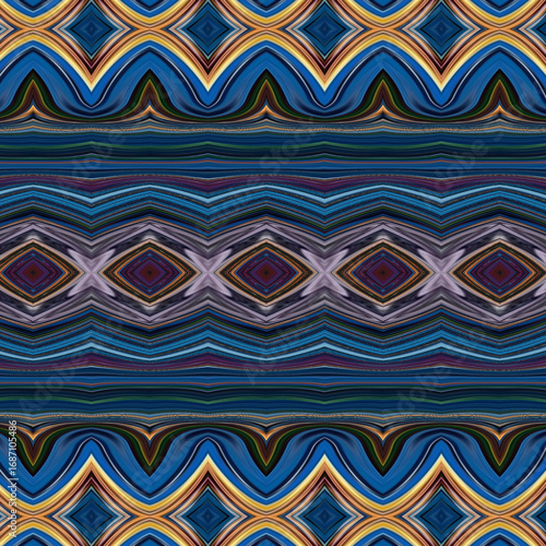 Vibrant abstract pattern with diamond shapes and flowing blue, yellow, and gold tones. Perfect for background, textile, or decorative design.