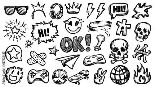 Doodle art collection of skulls stars and fun symbols