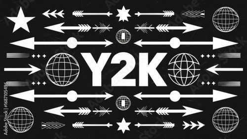 Retro y2k aesthetic with arrows and globes on black background