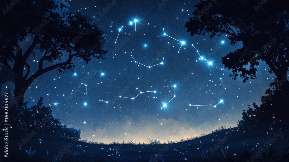 Fototapeta premium Starry night sky with glowing constellations and a silhouetted horizon, cartoon concept with blank space 