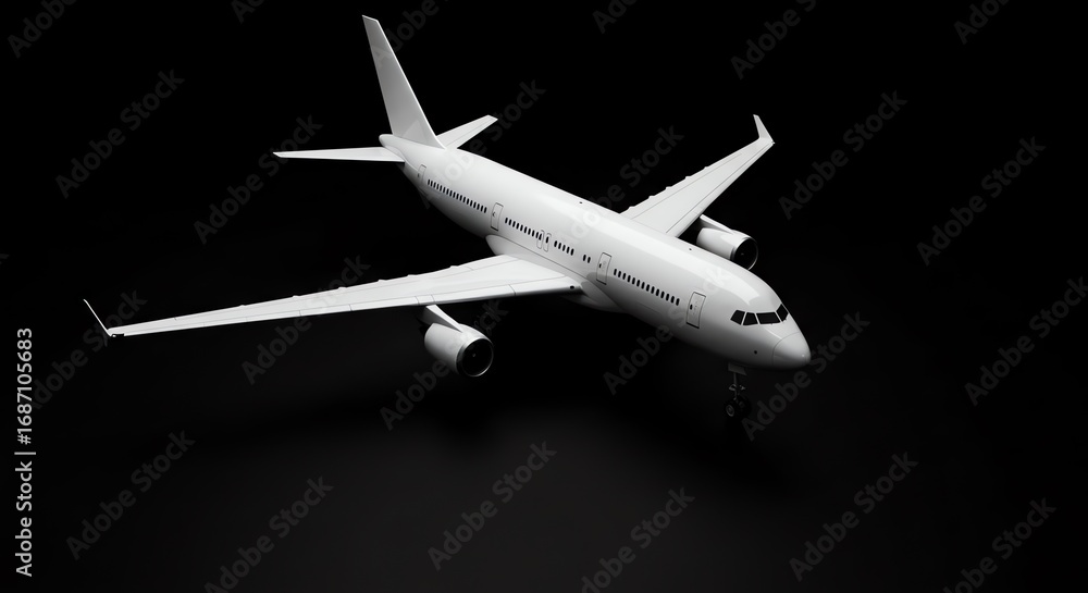 Fototapeta premium White passenger airplane on black background