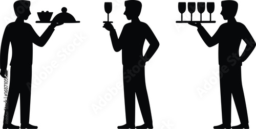 Silhouette illustration of waiters serving drinks and food, hospitality staff holding trays, wine glasses, restaurant service vector design isolated on white background