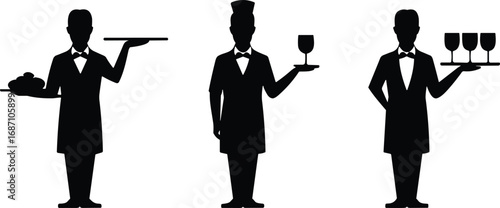 Waiter silhouette vector illustration set, restaurant staff serving food and drinks, hospitality worker with tray, isolated black design for service industry and catering