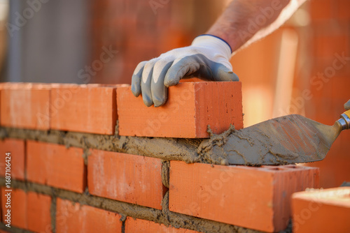 Wallpaper Mural Bricklayer building wall with red bricks on construction site background Torontodigital.ca