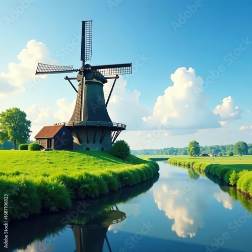 Idyllic windmill beside tranquil waterfront, lush green fields , autumn, nature, farm