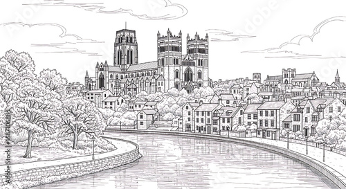 Detailed hand-drawn sketch of York Minster in York, England. A black and white vector illustration of the magnificent Gothic cathedral facade.