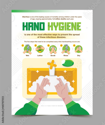 Global Handwashing Day 15 October. Handwashing with water from a faucet background. Hand Hygiene. Poster template with handwashing steps. Simple. Modern. Vector Illustration. Corporate Poster.