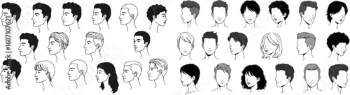 set of man woman profile line art head, hairstyle, men, women outline collection, variety line art. hairstyles, male and female head silhouettes, showcasing various hairstyles, side view