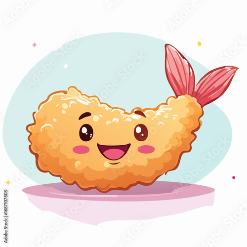 Adorable cartoon tempura shrimp with a happy face, golden brown and crispy, on a pink plate with a light blue background, kawaii style illustration.