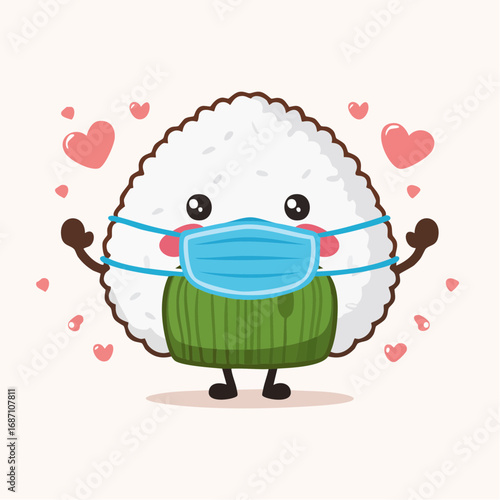 A cute cartoon onigiri rice ball wearing a blue face mask and surrounded by pink hearts, symbolizing health and care.