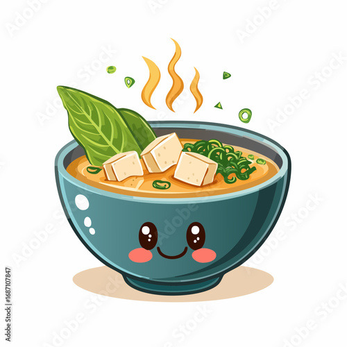 Cute cartoon bowl of hot and flavorful miso soup with tofu and green leaves.
