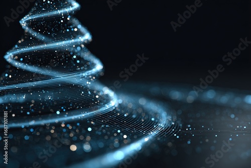 Futuristic Christmas tree made of glowing particles, presenting holographic interface and advanced data visualization, minimalist technology, subtle glow effect 3D rendering, simple corporate design