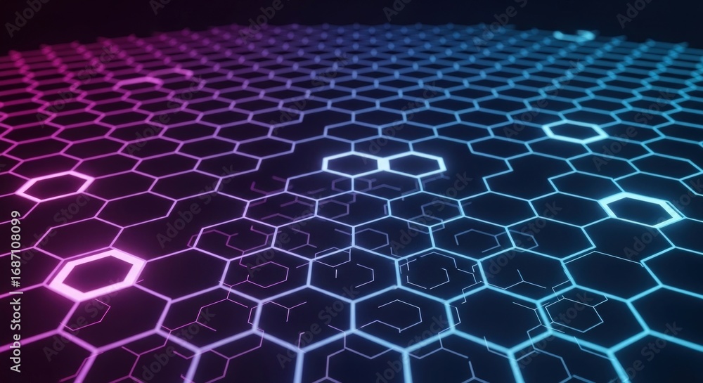 Naklejka premium A futuristic honeycomb grid pattern with glowing neon lights in shades of pink and blue on a dark background