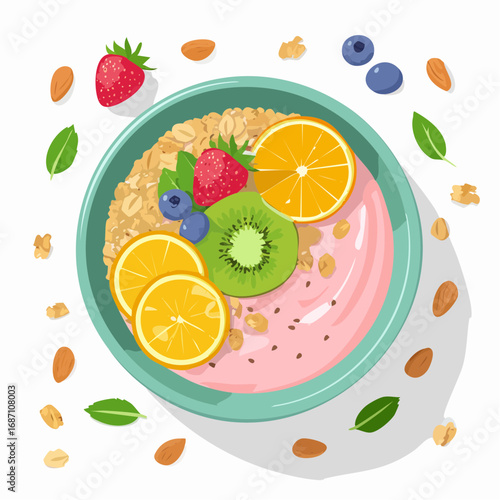 A healthy breakfast bowl from above, filled with pink yogurt, granola, and topped with fresh fruit slices like orange, kiwi, and strawberry.