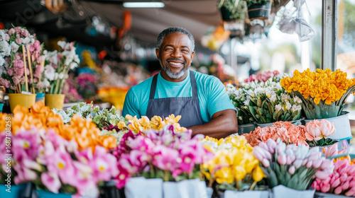 Smiling African American Florist in His Vibrant Market Stall, Joyfully Surrounded by Abundance of Fresh, Colorful Flowers