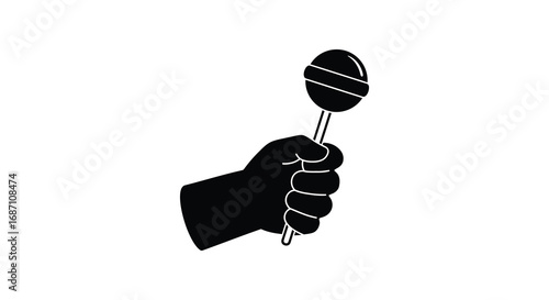 a hand holding a striped lollipop in simple black silhouette