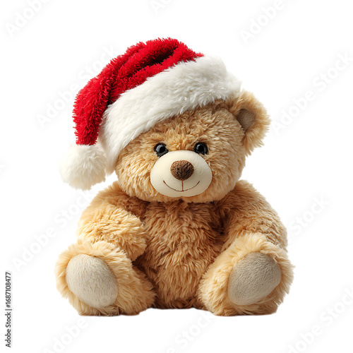 Adorable teddy bear wearing a santa hat isolated on transparent background.