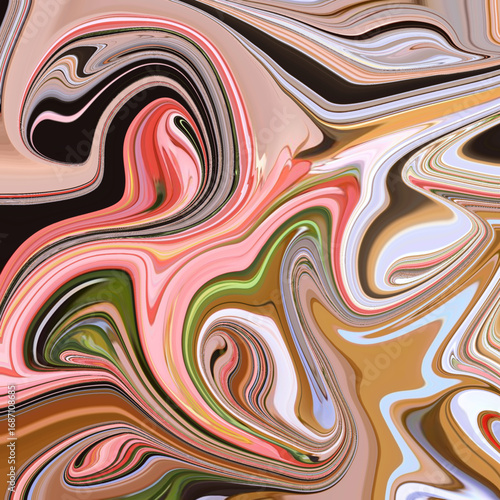 Vivid abstract swirl art in warm tones of pink, green, and brown, creating a fluid, dreamlike pattern with golden highlights. Golden keywords: abstract, swirl, fluid, pattern, art.