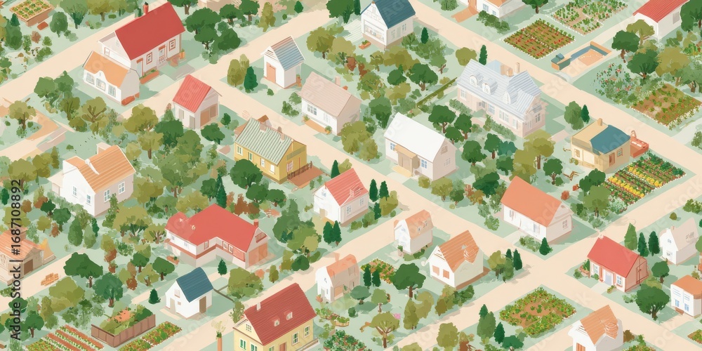 Obraz premium Colorful houses with landscaped gardens fill this suburban neighborhood, showcasing a blend of greenery and floral beauty, all arranged along winding streets in a lively atmosphere.