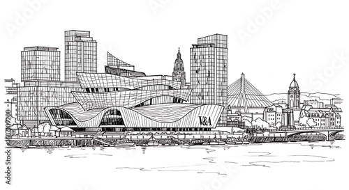 Cardiff Bay, Wales sketch with the Wales Millennium Centre. A detailed hand-drawn black and white illustration of the modern Welsh waterfront.