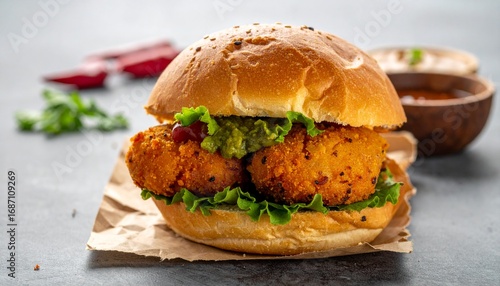 Wallpaper Mural Close-up of a crispy fried chicken sandwich on a sesame seed bun with lettuce on a gray surface Torontodigital.ca