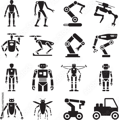 Robot and Android Icons Set Silhouette cyborg machine
